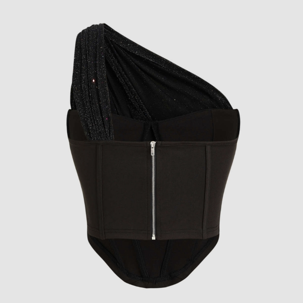 One-Shoulder Black Sparkle Corset Top - Picture 4 of 6